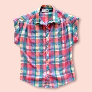 Vintage 1970s rrrrRUSS Union Made Pink Blue Plaid Capped Sleeve Button Up Top